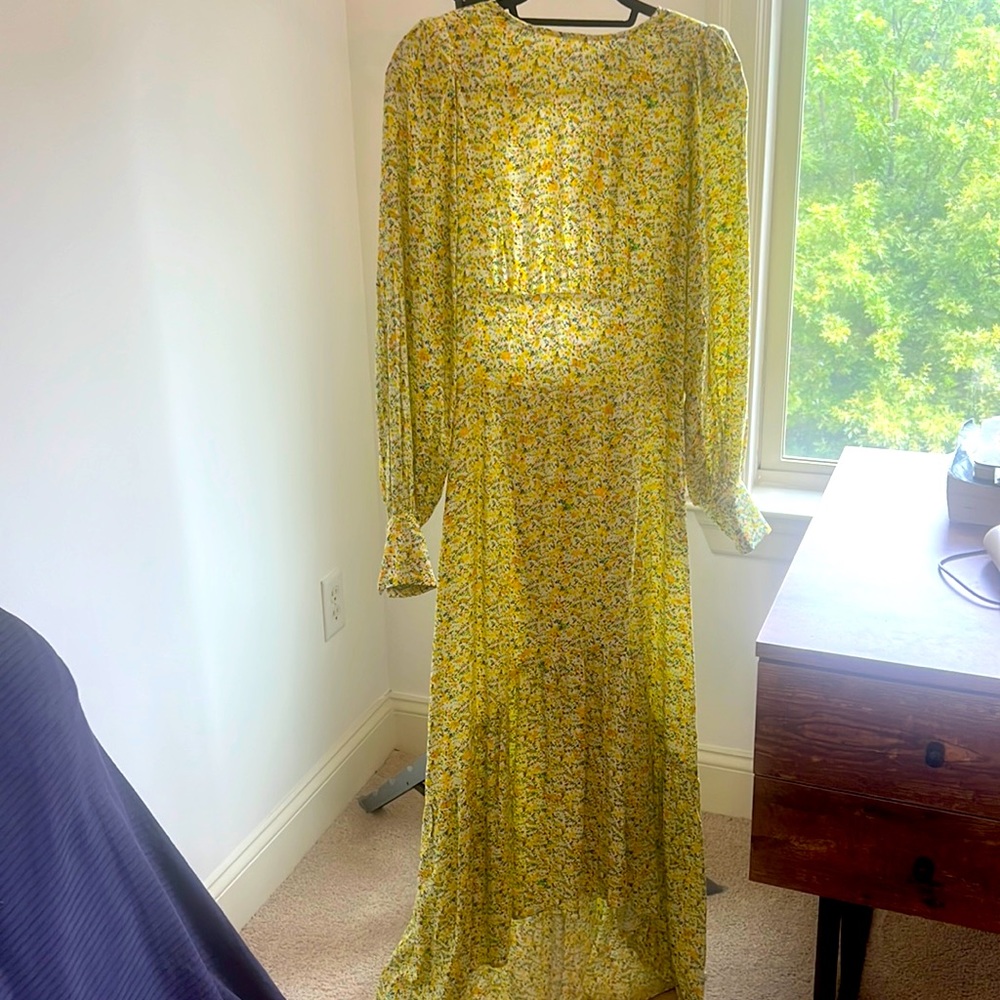 AFRM Yellow Ditsy Long, Back Cutout Dress (Size S)